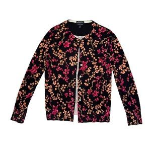 Lands End Black w Pink & Peach Florals Cardigan Sweater Size Small